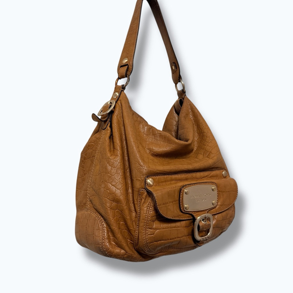 Michael Kors Brown Croc Embossed Leather Hobo Shoulder Bag Gold Hardware